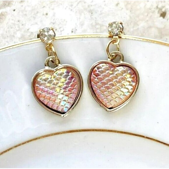 NEW Pink Hologram Heart Dangle Stud Earrings Mermaid White Rhinestone Gold NWT - Picture 3 of 6